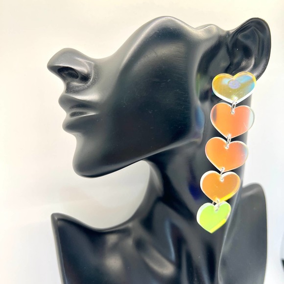 Heart Chain Earrings - Iridescent Earrings - Statement Earrings - Oversized Ear - Picture 6 of 8
